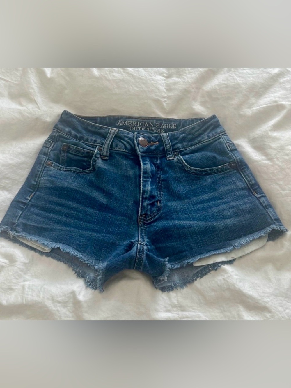 American Eagle High Rise Denim Cut Off Frayed Jean Shortie Shorts Size 0